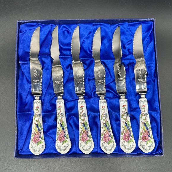 Vintage Aynsley Pembroke Fine Bone China Stainless Steel Steak Knives Bird - Picture 2 of 10